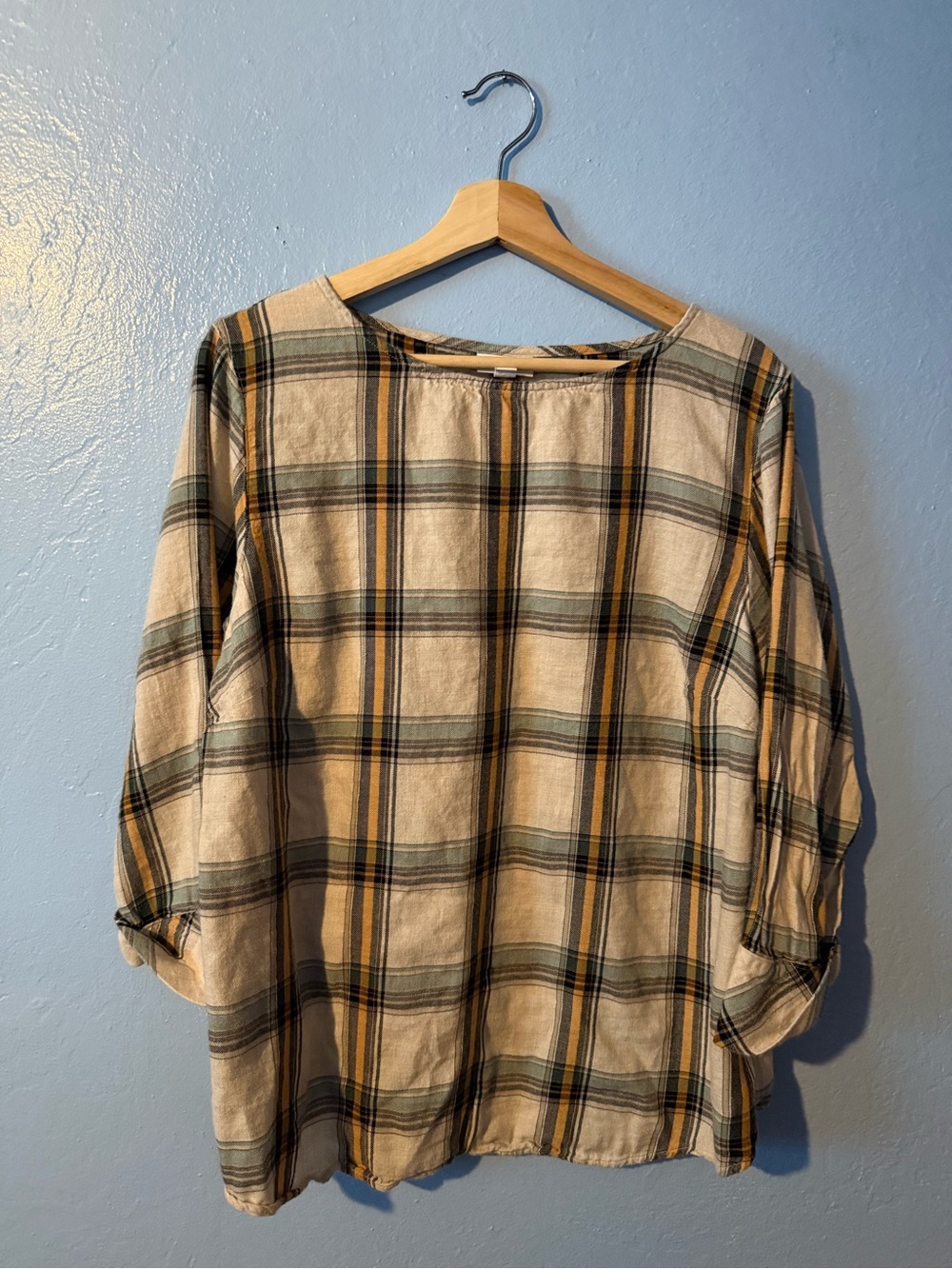 J. Jill Cream Plaid Boatneck Top with Mustard and Sage Stripes